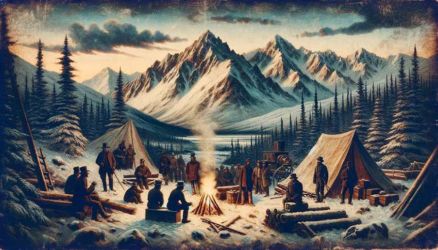 Old painting of the Klondike Gold Rush, Yukon, Canada: gold miners in snowy mountains, setting up tents and around campfires
